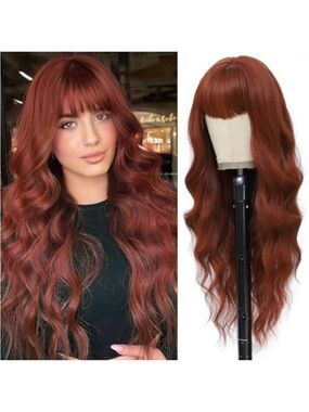 Rich Copper Red Long Wavy Wig with Bangs - Women Hair